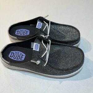 Hey Dude Black Glitter Mules